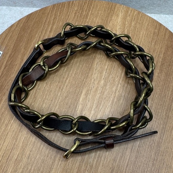 Abercrombie Fitch Womens Leather Chain Belt XS S Brown Metal Buckle Y2K Hip Belt - Picture 10 of 11